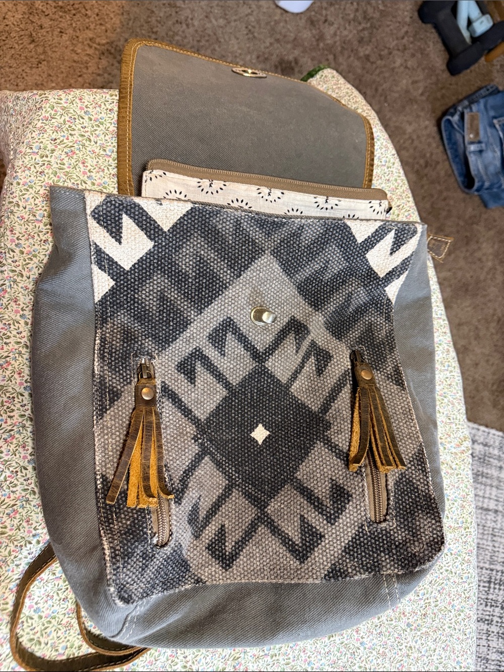 Gray Myra Patterned Canvas backpack with turn lock and zipper